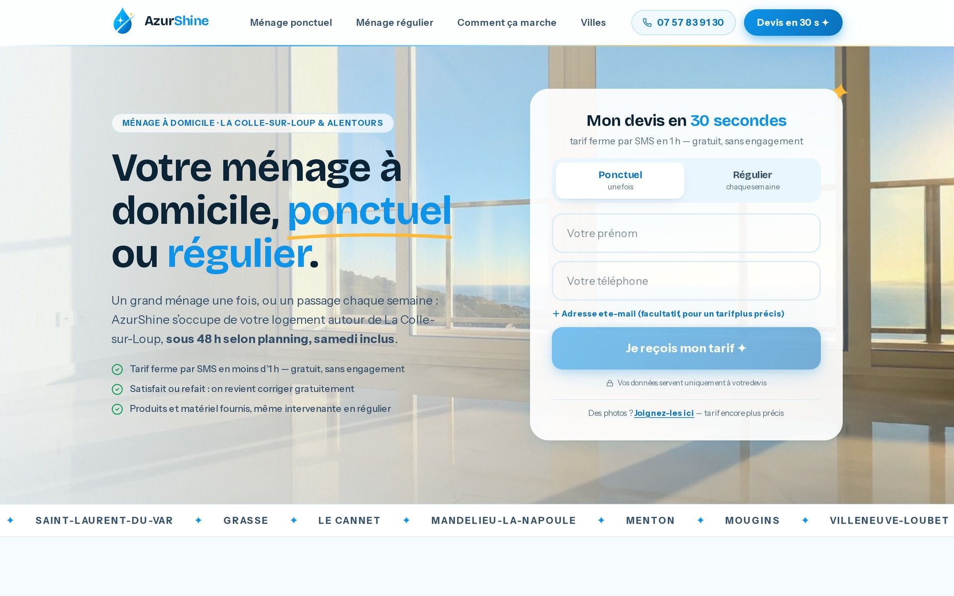 Page d’accueil du site AzurShine